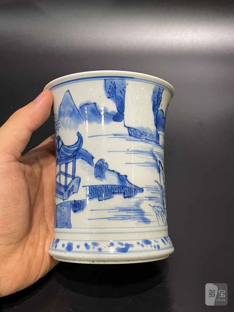 清康熙 青花山水亭阁图笔筒 - 图3